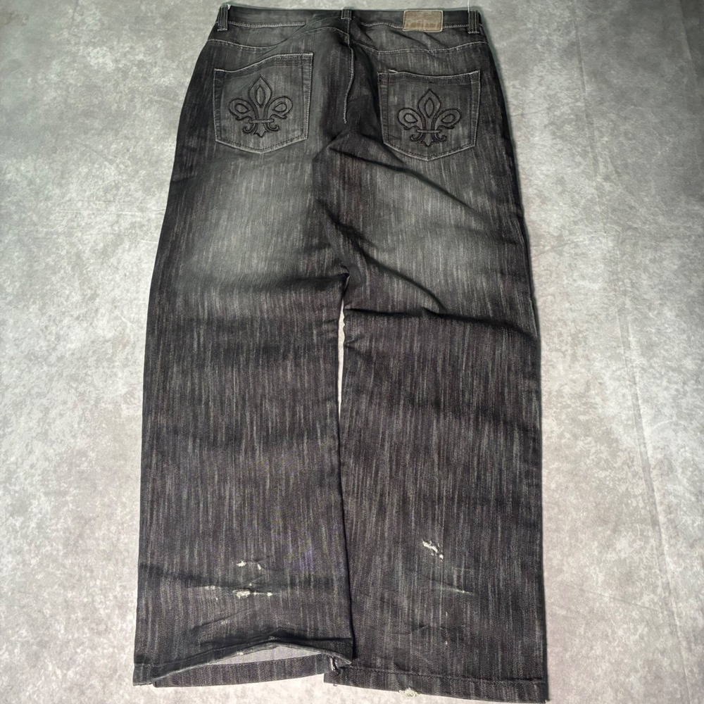 Y2K 2000s  Baggy Jeans Faded Black Fleur De Lis Embroidered Wide Leg 40x32